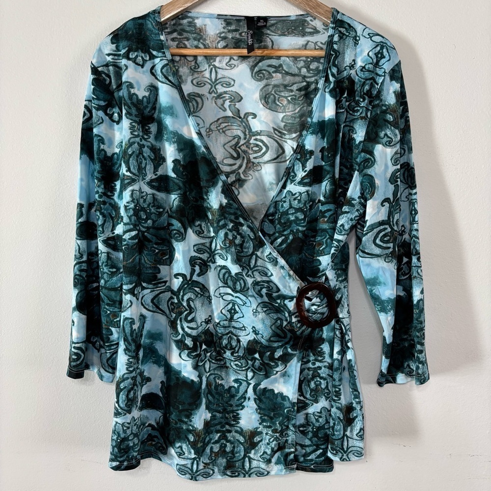 Essentials by Milano Turquoise/Brown Faux Wrap Shirt Size XL